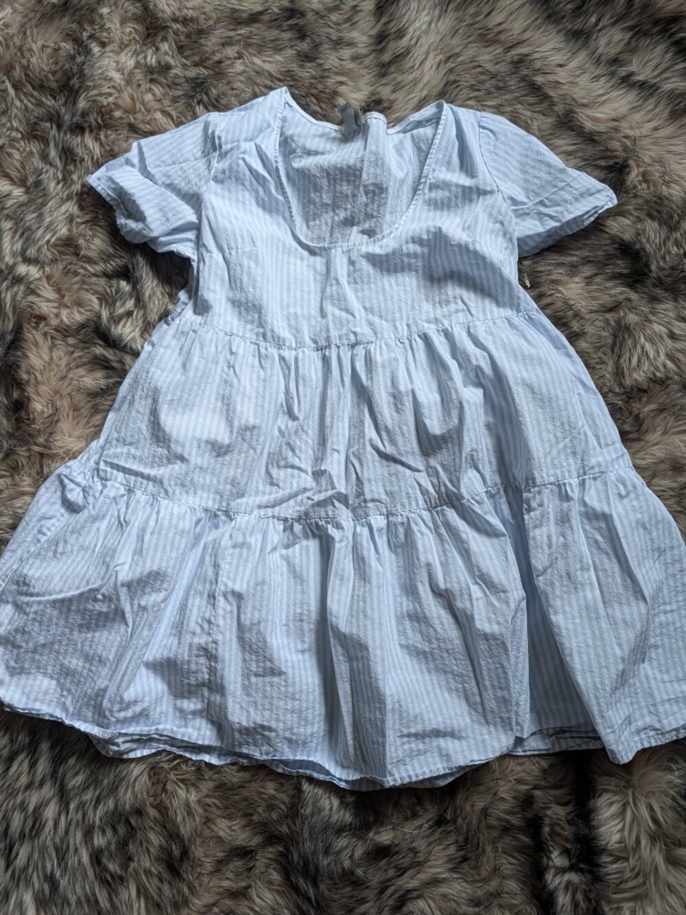 A New Day Blue White Pinstripe Tiered Baby doll Cotton Mini Dress Size Small - Picture 6 of 6